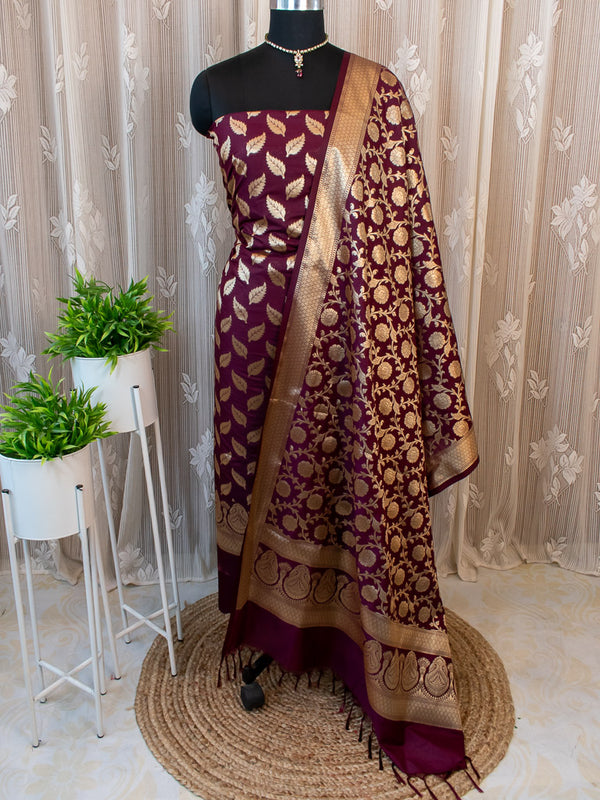 Banarasi Art katan Silk Leaf Buti Salwar Kameez Fabric With Dupatta-Brown