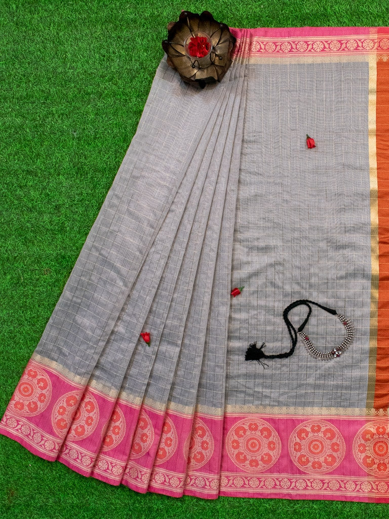 Banarasi Cotton Silk Saree Check Weaving & Contrast Buta Border-Grey & Pink