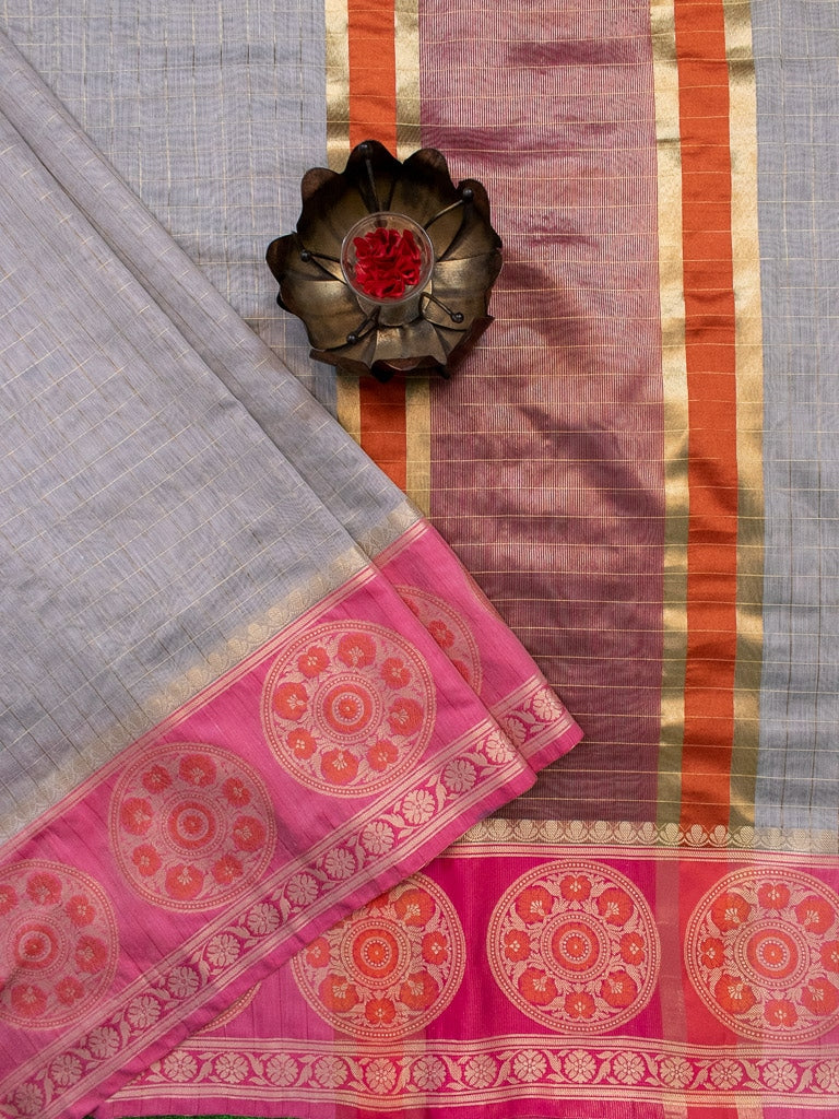 Banarasi Cotton Silk Saree Check Weaving & Contrast Buta Border-Grey & Pink