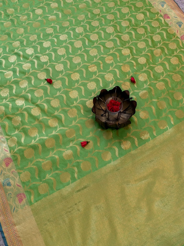 Banarasi Semi Silk Saree With Contrast Zari Jaal & Floral Weaving Border-Green