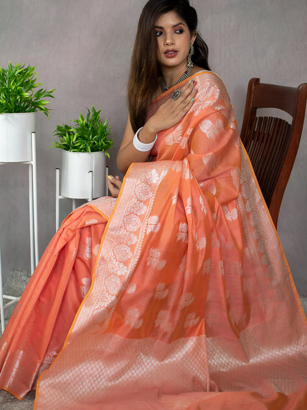 Banarasi Soft Cotton Saree Silver Zari Weaving-Peach