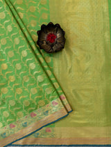 Banarasi Semi Silk Saree With Contrast Zari Jaal & Floral Weaving Border-Green