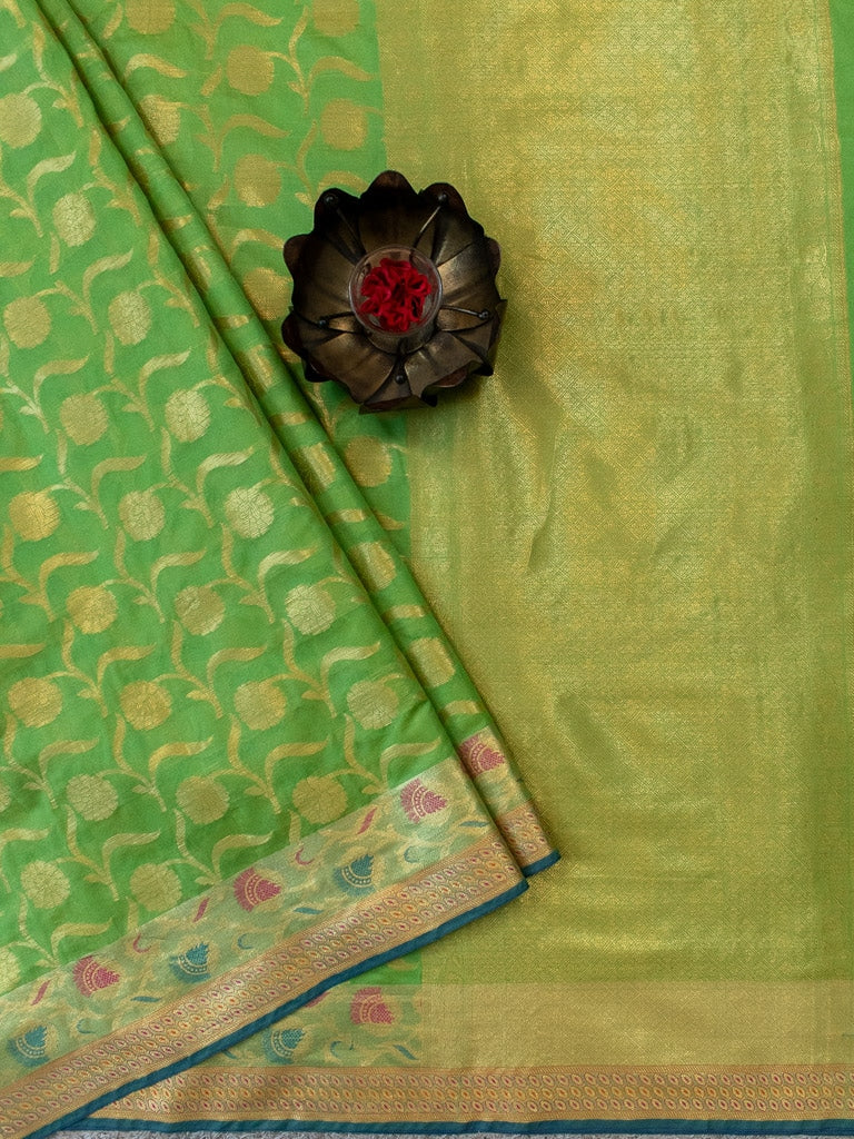 Banarasi Semi Silk Saree With Contrast Zari Jaal & Floral Weaving Border-Green