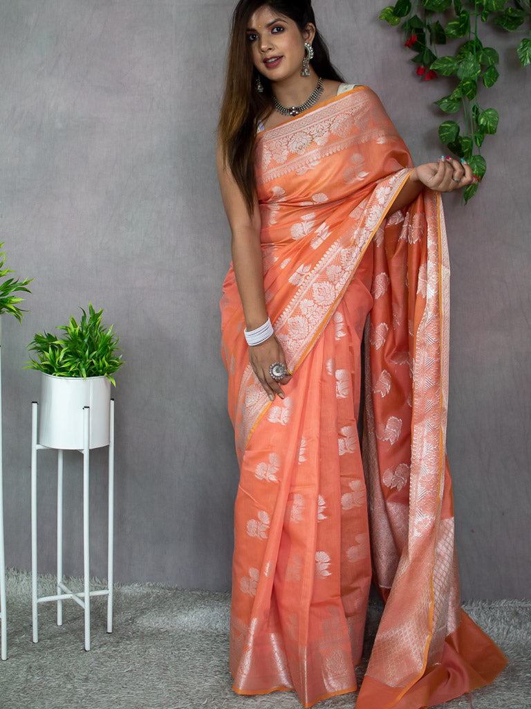 Banarasi Soft Cotton Saree Silver Zari Weaving-Peach