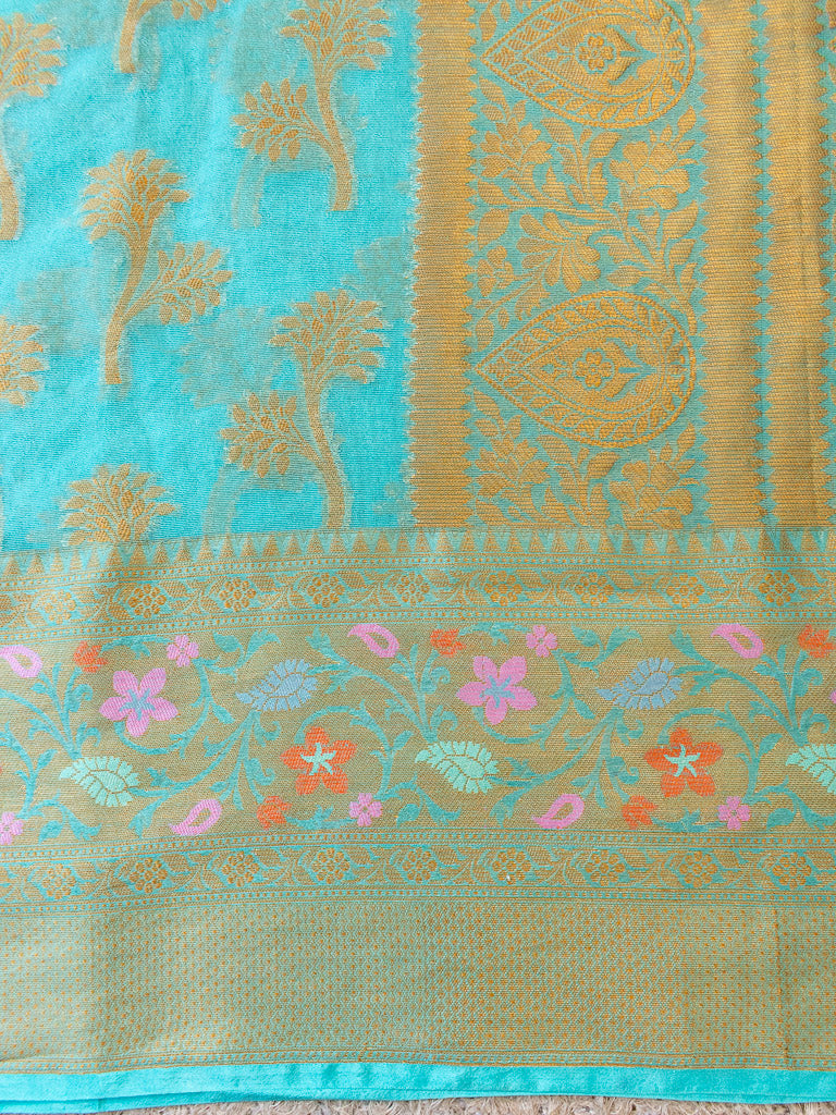 Banarasi Kora Saree With Zari & Resham Weaving & Skirt Border-Blue