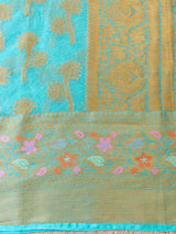 Banarasi Kora Saree With Zari & Resham Weaving & Skirt Border-Blue