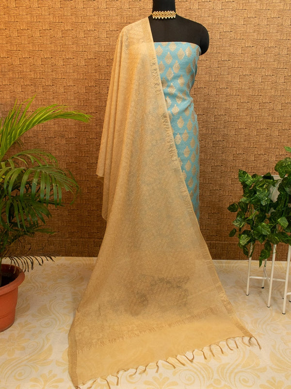 Banarasi Cotton Silk Salwar Kameez Fabric Resham Weaving & Jaal Dupatta-Blue & Beige