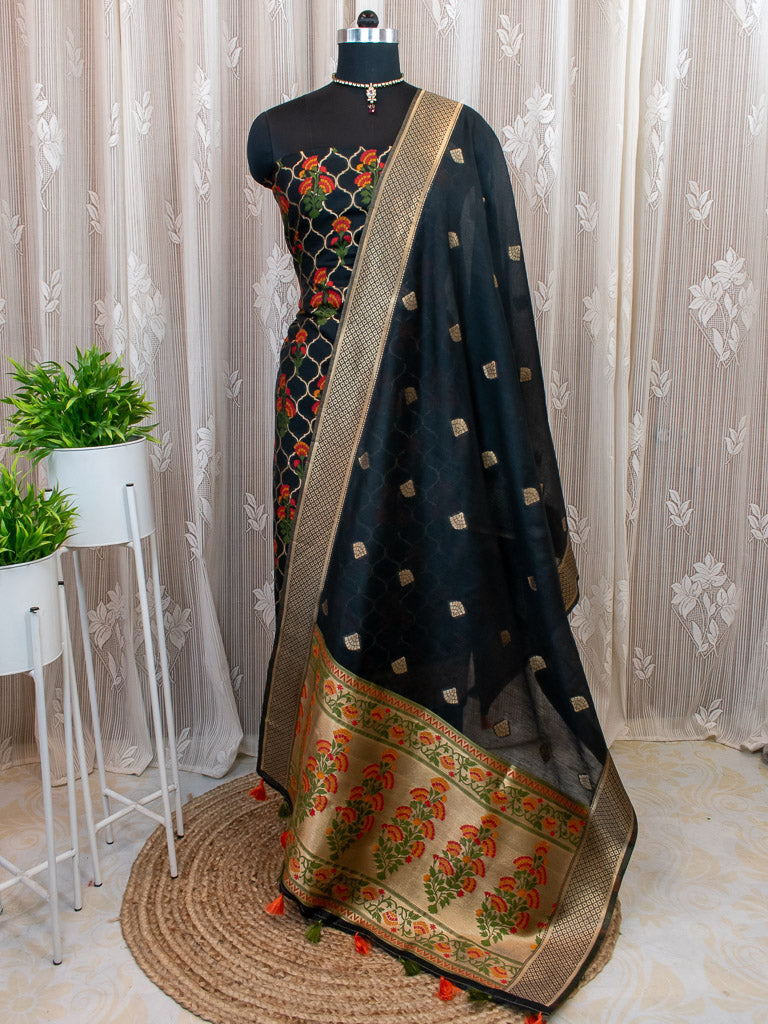 Banarasi Art Silk Dual Shade Printed Salwar Kameez With Dupatta-Black