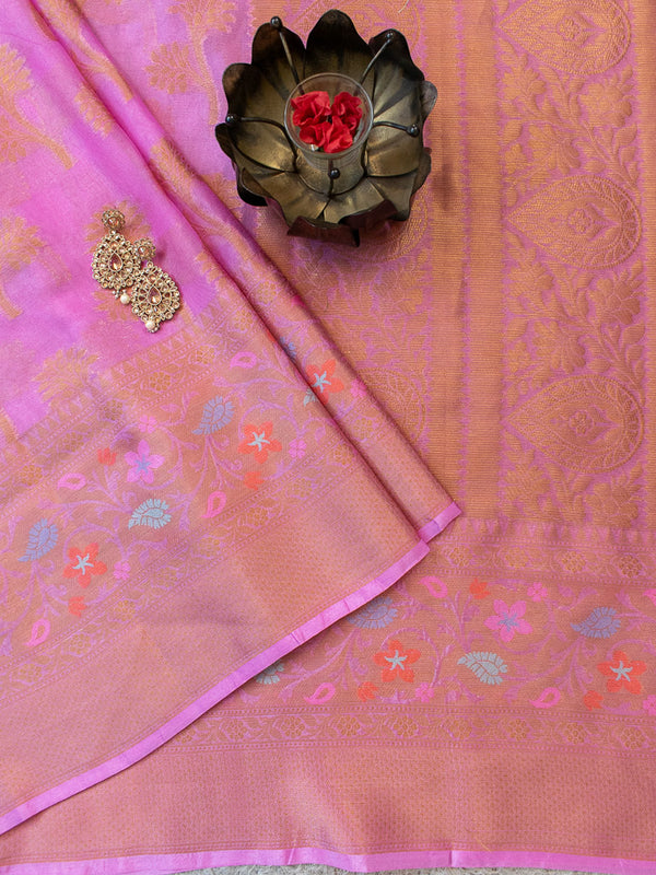 Banarasi Kora Saree With Zari & Resham Weaving & Skirt Border-Pink