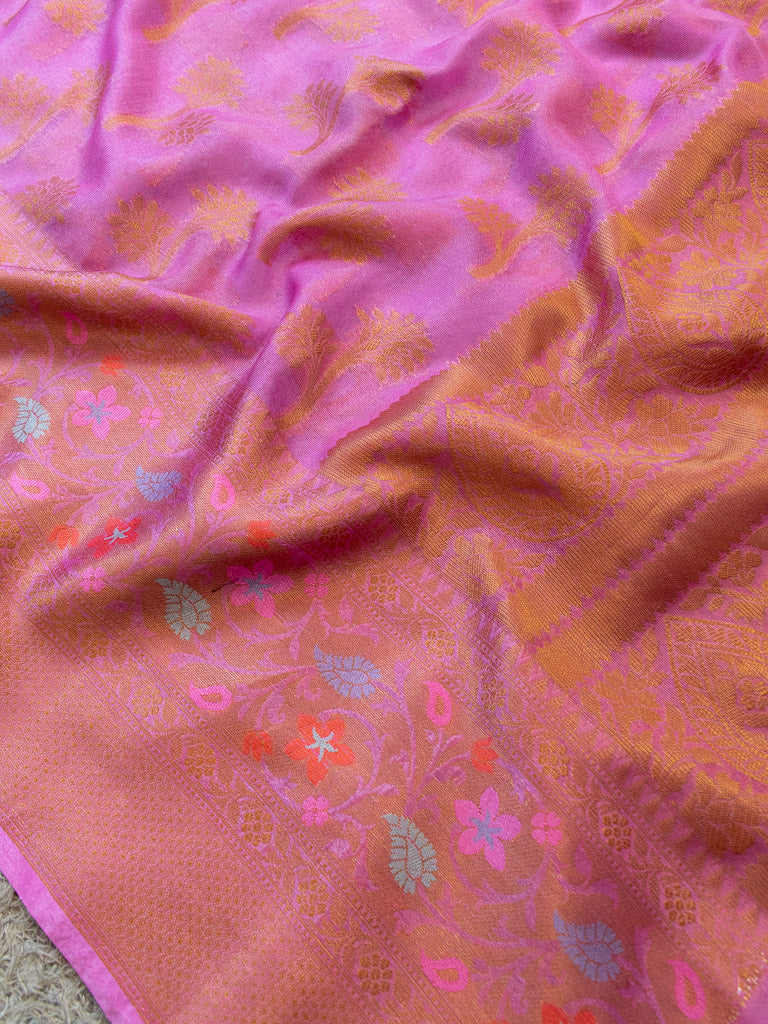 Banarasi Kora Saree With Zari & Resham Weaving & Skirt Border-Pink