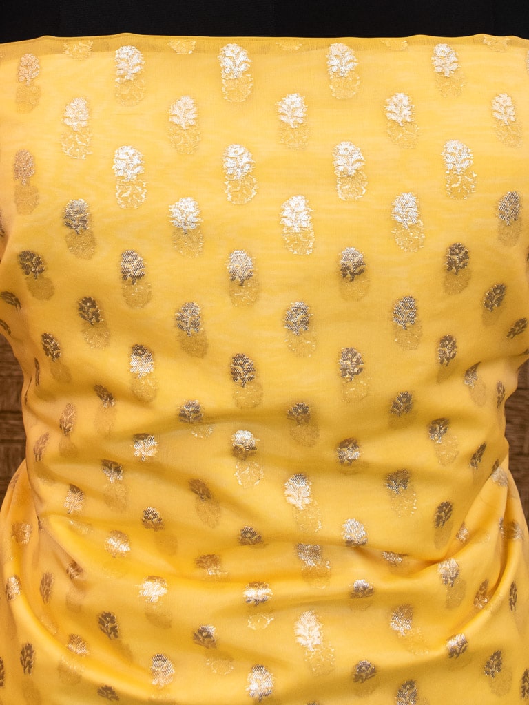Banarasi Organza  Salwar Kameez Material With Silver Zari Weaving-Yellow