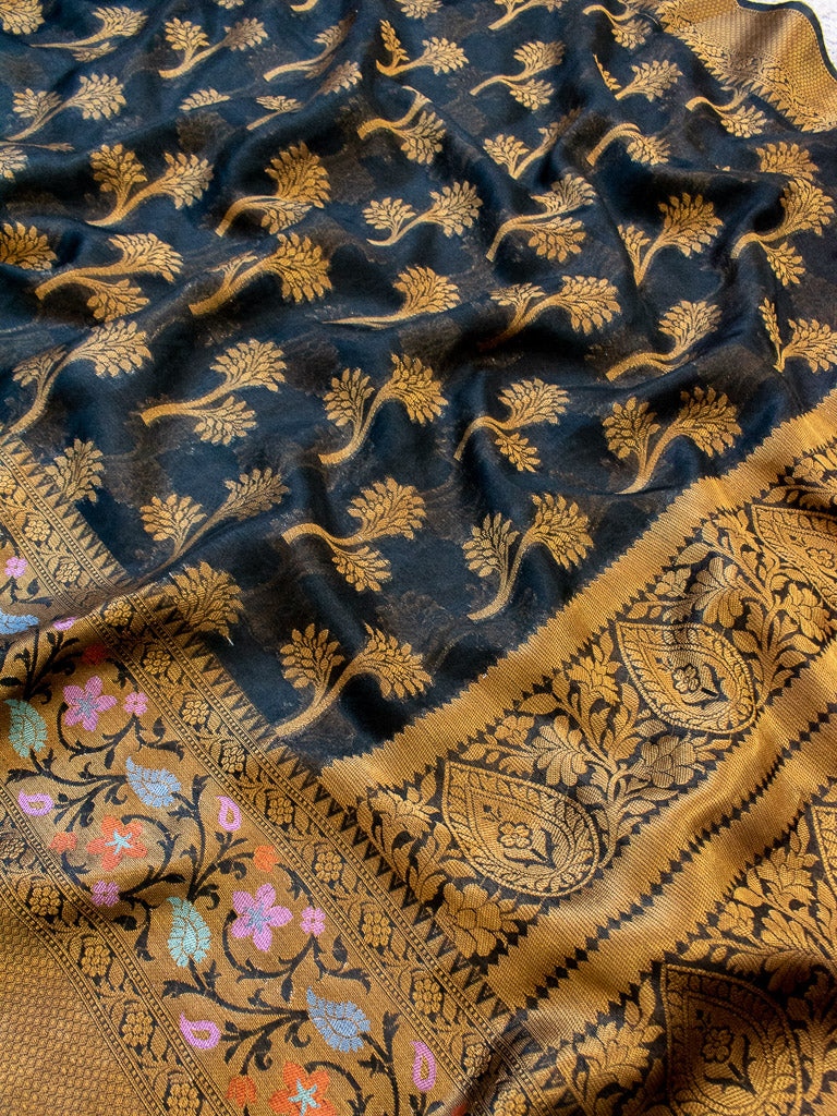 Banarasi Kora Saree With Antique Zari & Resham Weaving & Skirt Border-Black