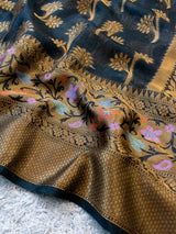 Banarasi Kora Saree With Antique Zari & Resham Weaving & Skirt Border-Black