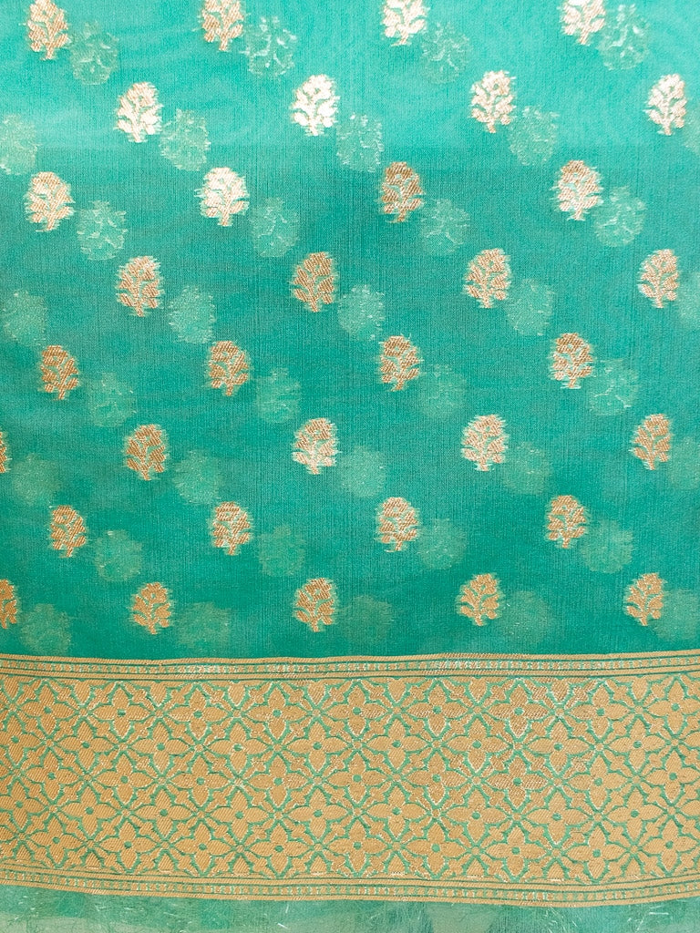 Banarasi Organza  Salwar Kameez Material With Silver Zari Weaving-Aqua Blue