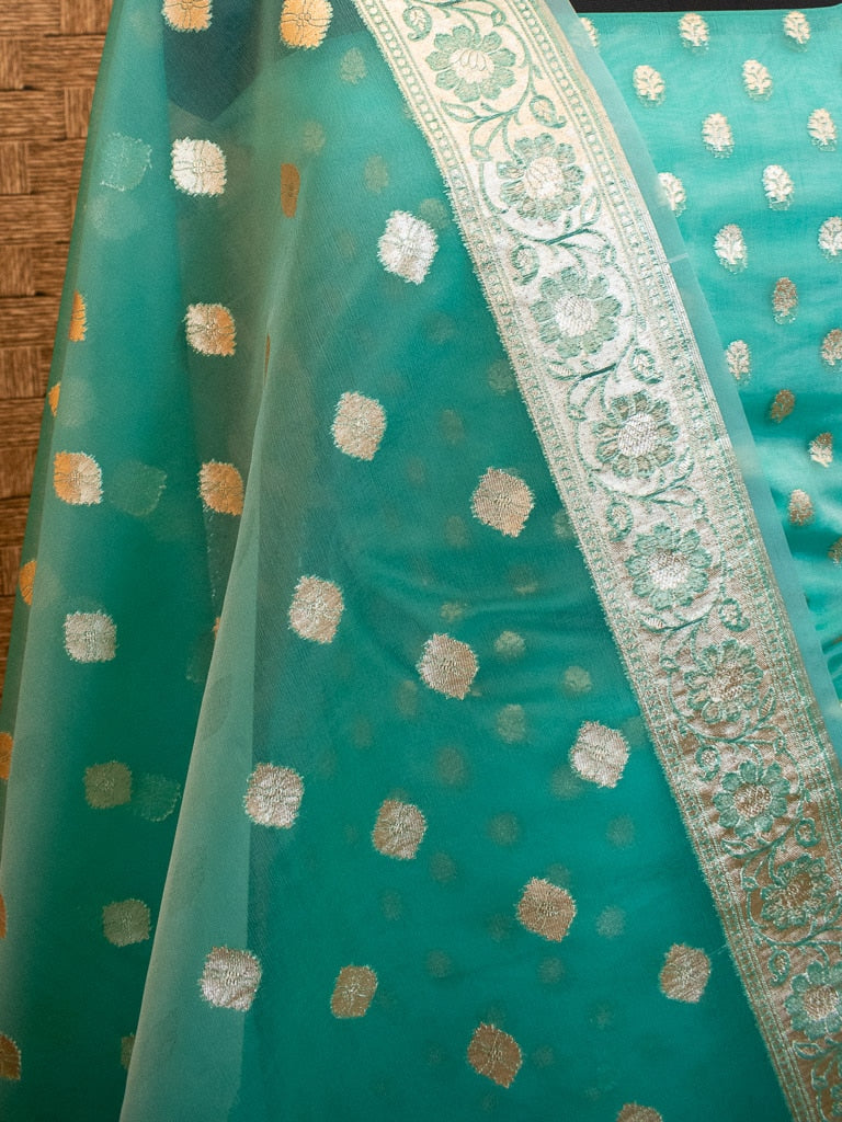 Banarasi Organza  Salwar Kameez Material With Silver Zari Weaving-Aqua Blue