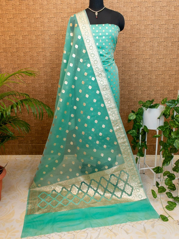 Banarasi Organza  Salwar Kameez Material With Silver Zari Weaving-Aqua Blue
