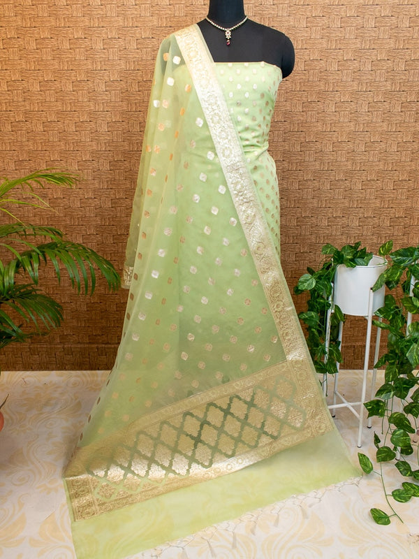 Banarasi Organza  Salwar Kameez Material With Silver Zari Weaving-Light Green
