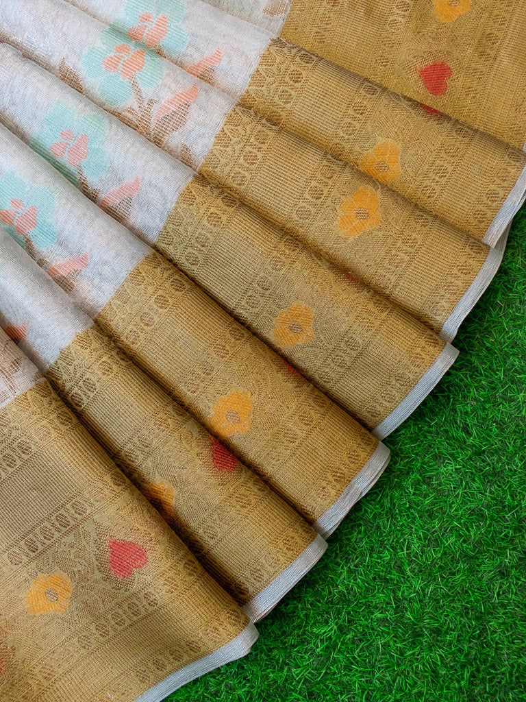 Banarasi Soft Tissue Saree With Zari & Resham Weaving & Contrast Skirt Border-Golden