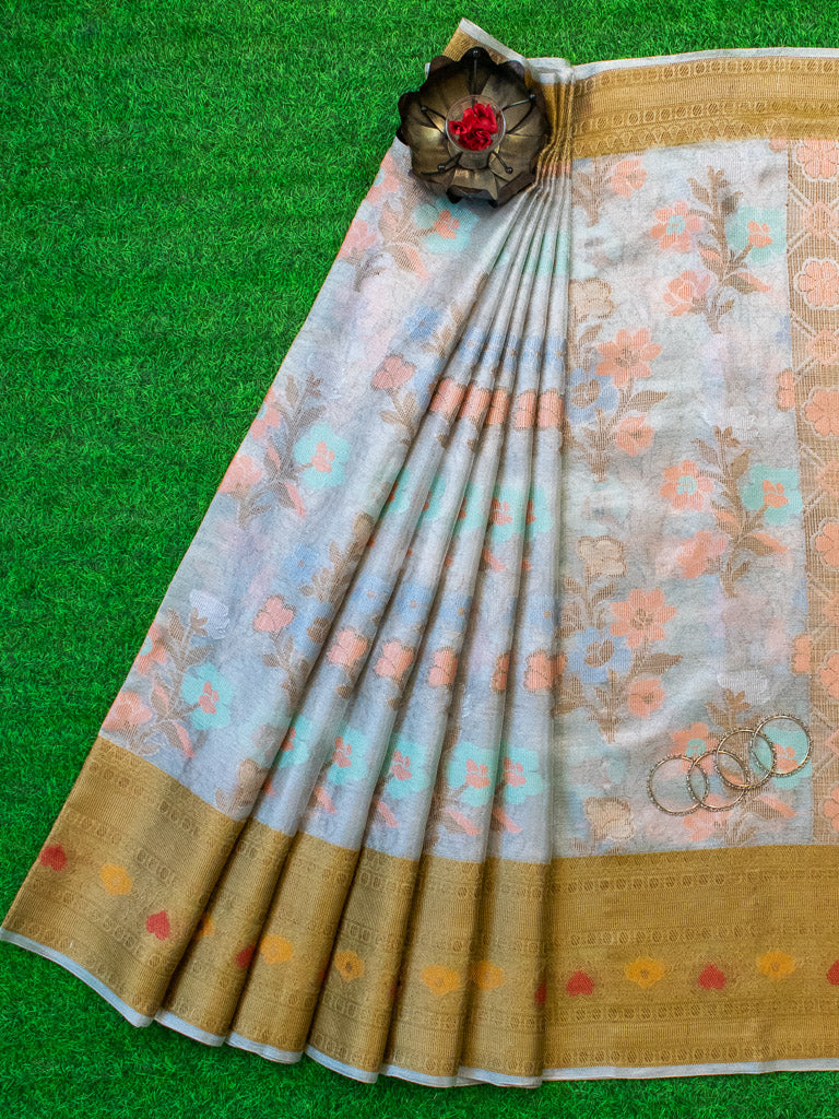 Banarasi Soft Tissue Saree With Zari & Resham Weaving & Contrast Skirt Border-Golden