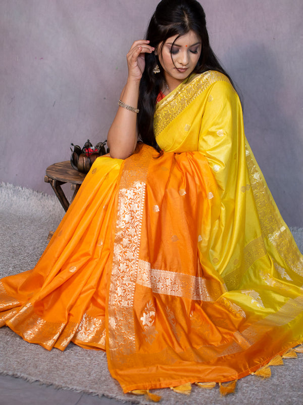 Banarasi Dual Shade Semi Silk Saree With Buti  Weaving-Orange & Yellow