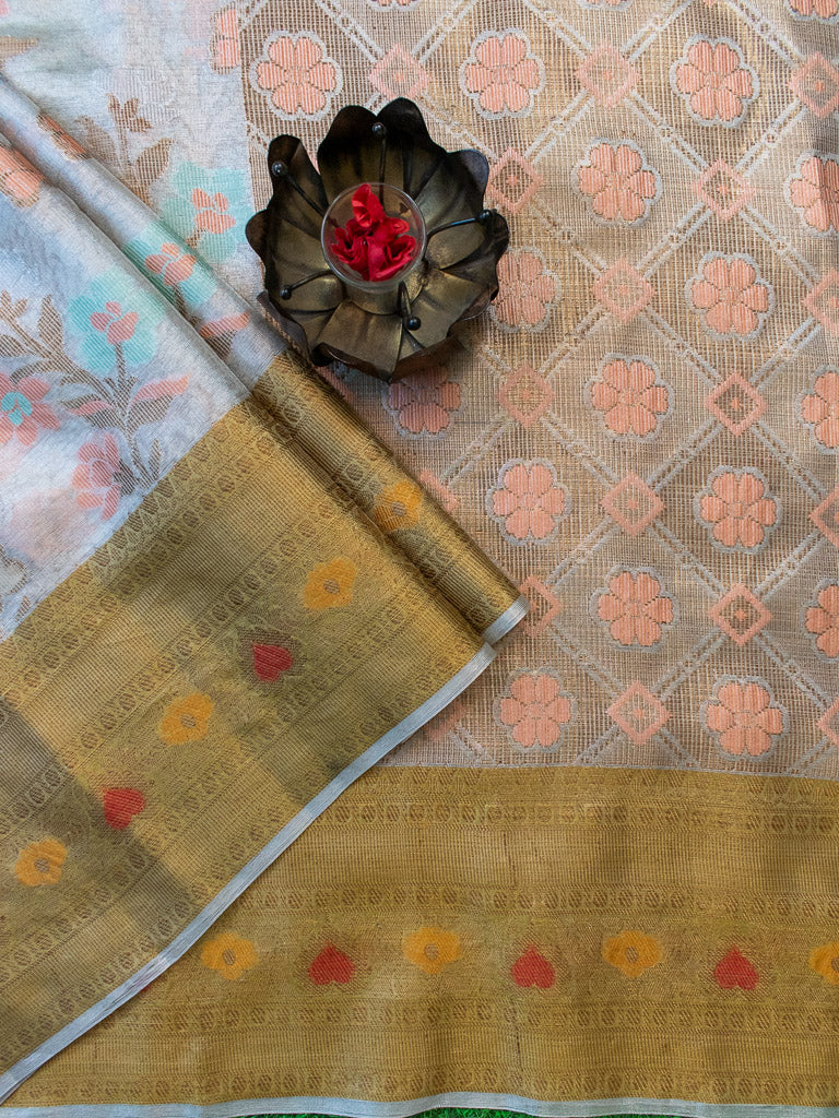 Banarasi Soft Tissue Saree With Zari & Resham Weaving & Contrast Skirt Border-Golden