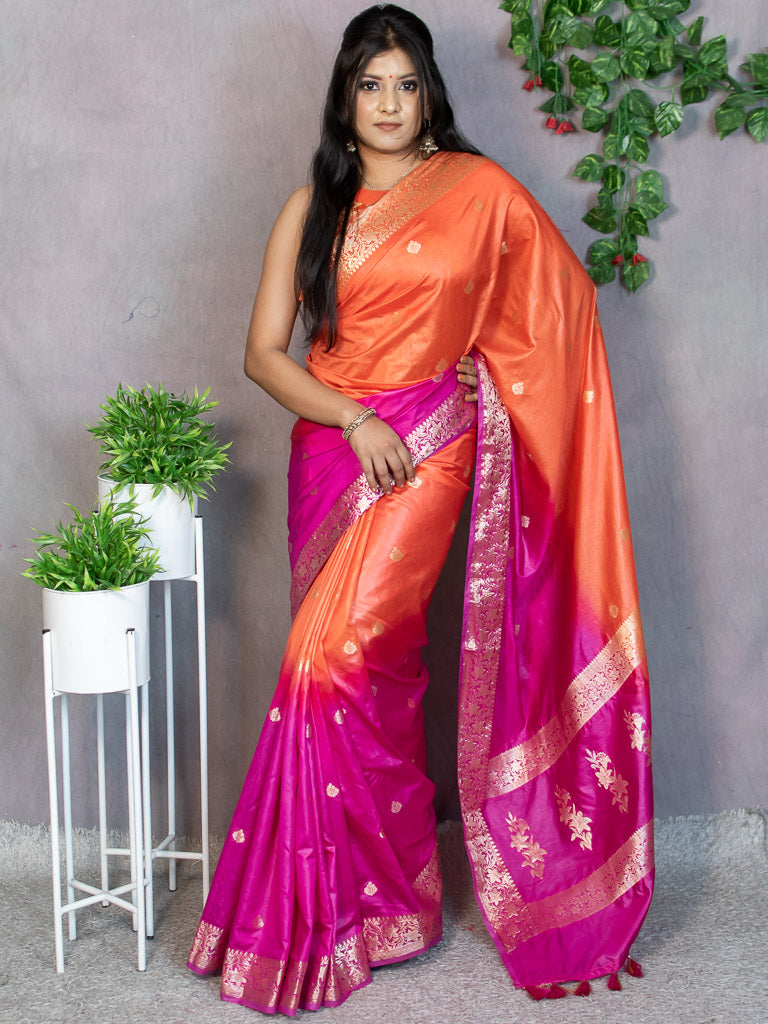 Banarasi Dual Shade Semi Silk Saree With Buti  Weaving-Orange & Pink