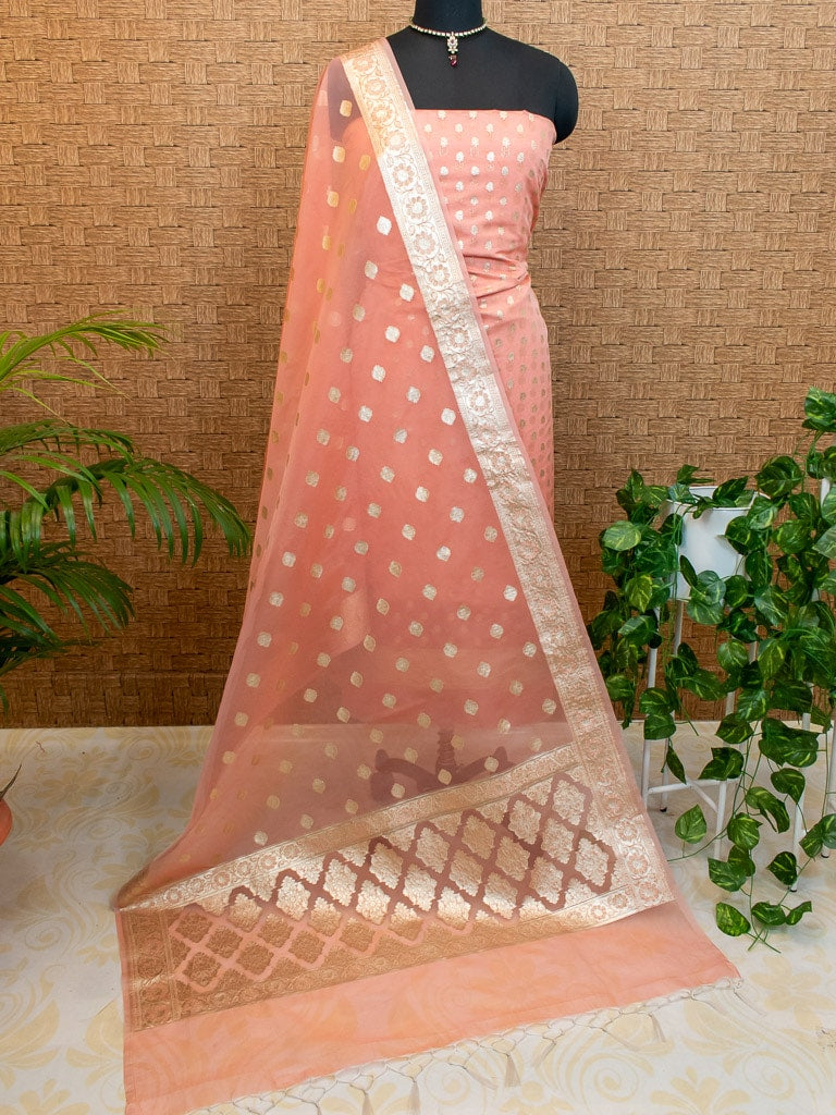 Banarasi Organza  Salwar Kameez Material With Silver Zari Weaving-Peach