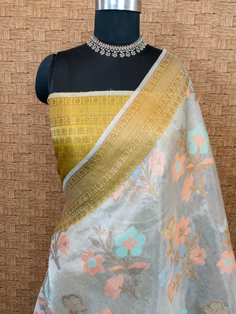 Banarasi Soft Tissue Saree With Zari & Resham Weaving & Contrast Skirt Border-Golden