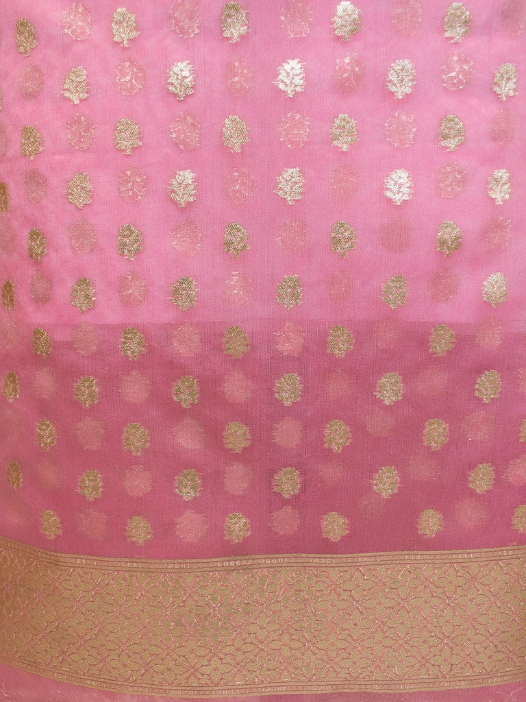 Banarasi Organza  Salwar Kameez Material With Silver Zari Weaving-Pink