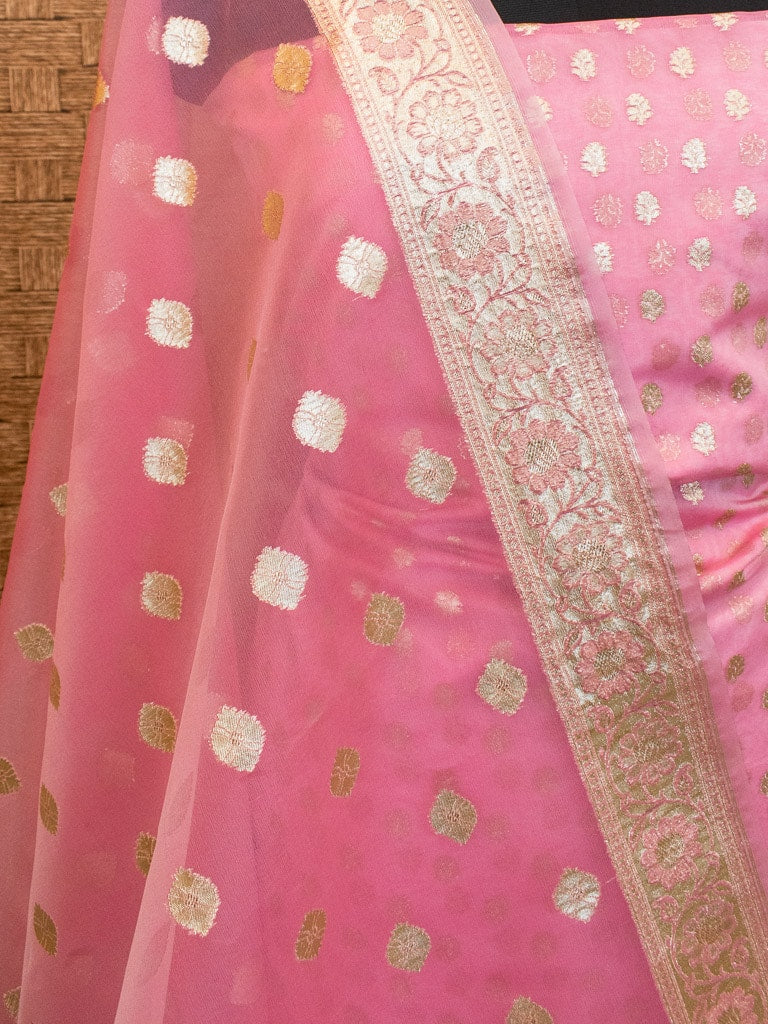 Banarasi Organza  Salwar Kameez Material With Silver Zari Weaving-Pink