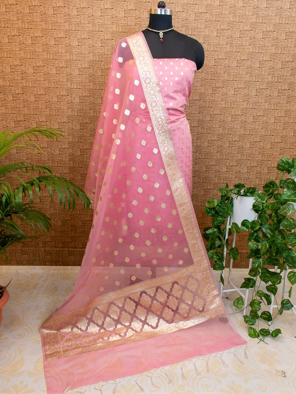 Banarasi Organza  Salwar Kameez Material With Silver Zari Weaving-Pink