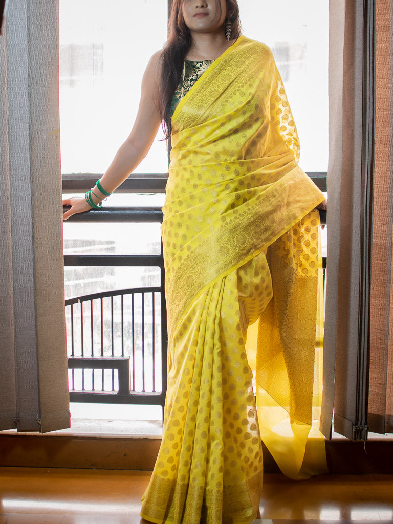 Banarasi Soft Cotton Silk Saree Antique Zari Weaving-Yellow