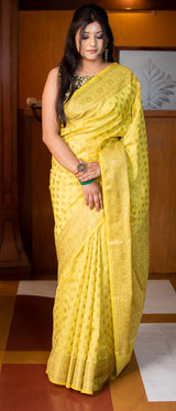 Banarasi Soft Cotton Silk Saree Antique Zari Weaving-Yellow