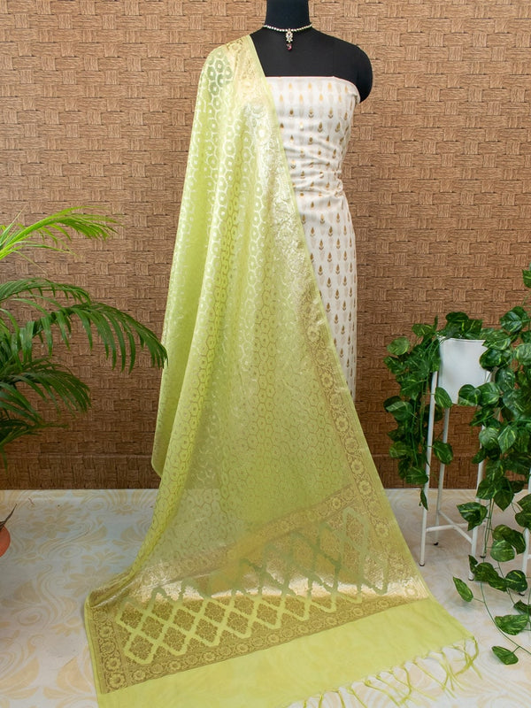 Banarasi Organza  Salwar Kameez Material With Silver Zari Weaving-White & Green