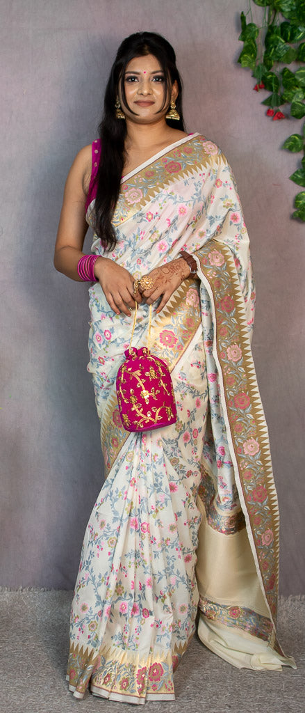 Banarasi Handloom Art Katan Silk Saree With Meena Jaal Weaving-White