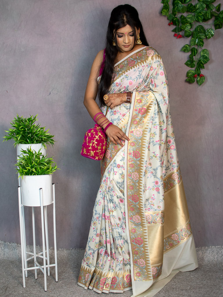 Banarasi Handloom Art Katan Silk Saree With Meena Jaal Weaving-White