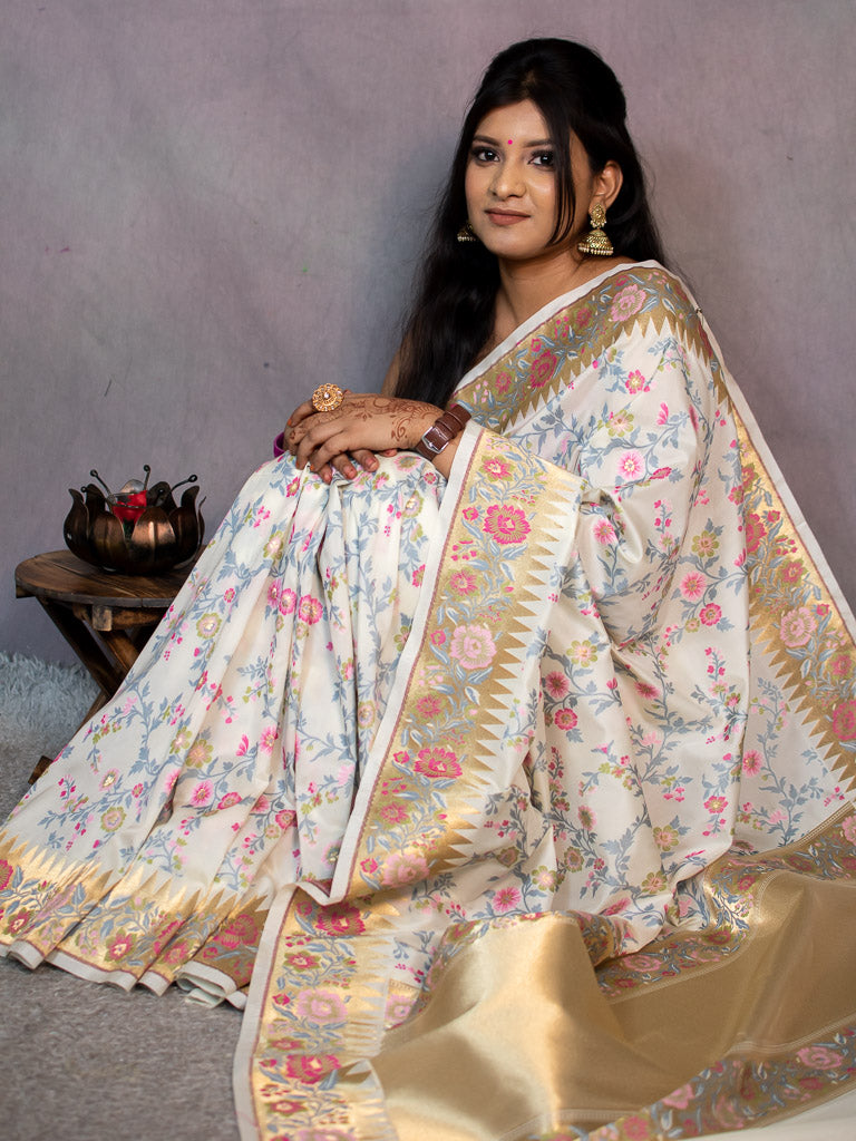 Banarasi Handloom Art Katan Silk Saree With Meena Jaal Weaving-White