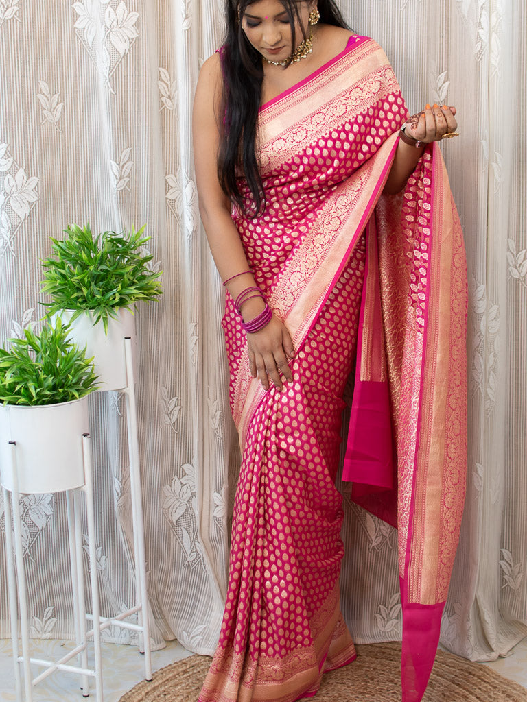 Banarasi Pure Khaddi Georgette Saree With Zari Buti Weaving-Pink