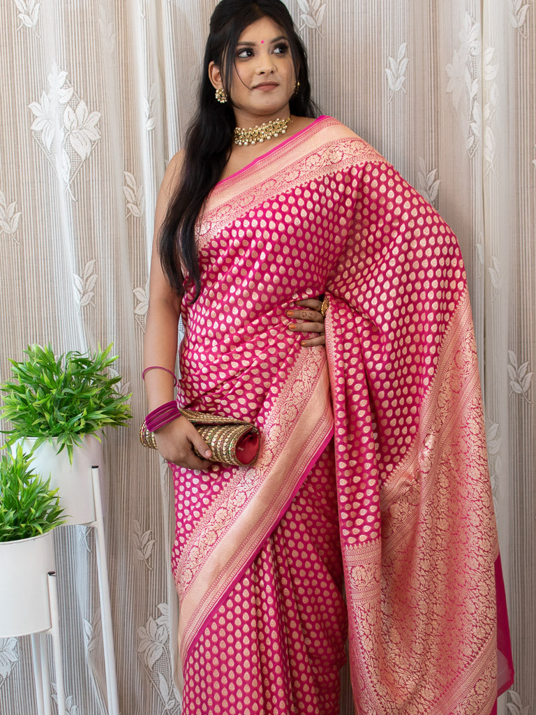 Banarasi Pure Khaddi Georgette Saree With Zari Buti Weaving-Pink