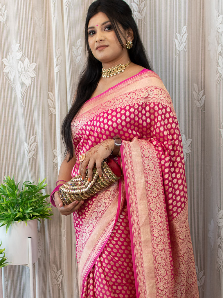 Banarasi Pure Khaddi Georgette Saree With Zari Buti Weaving-Pink