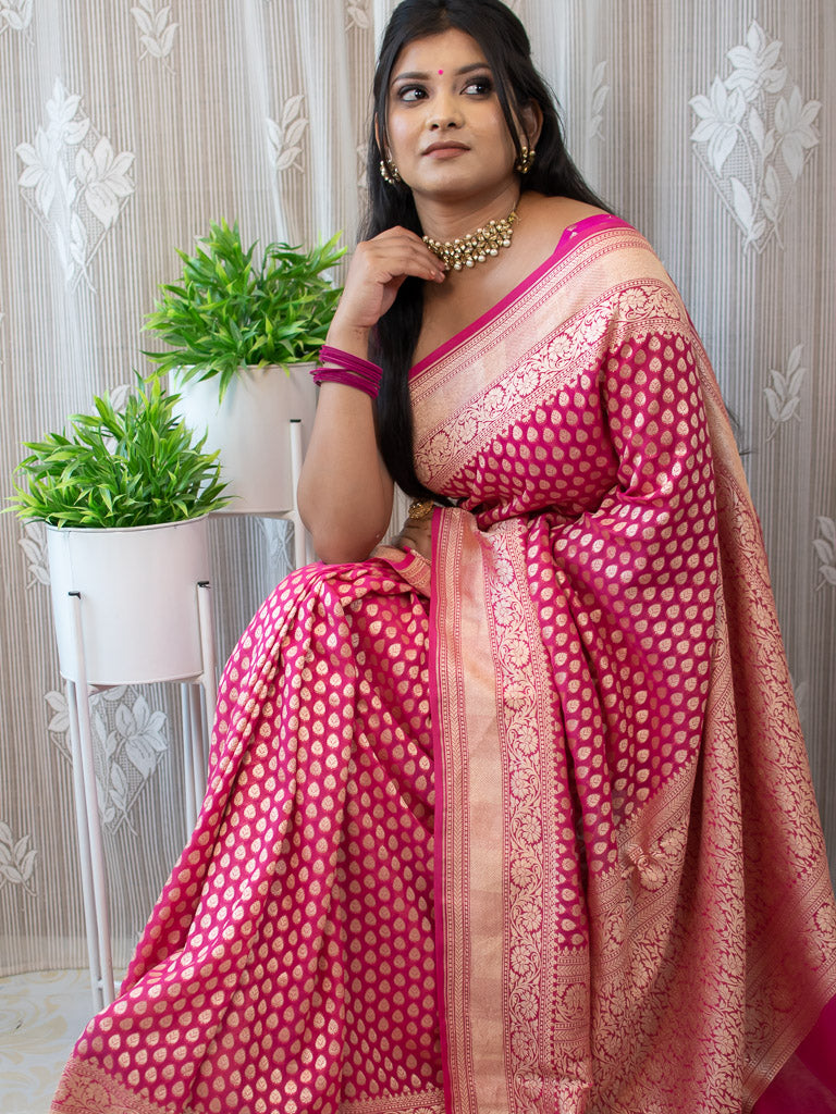 Banarasi Pure Khaddi Georgette Saree With Zari Buti Weaving-Pink