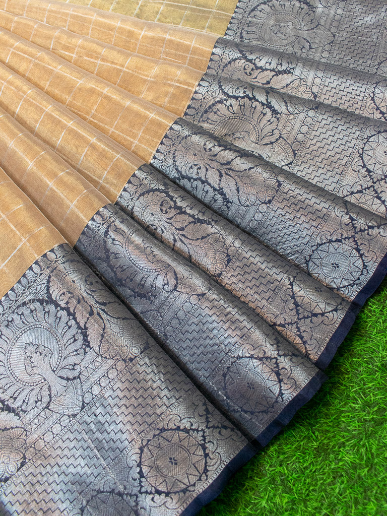 Banarasi organza Saree With Zari Weaving & Contrast Skirt Border-Beige & Blue