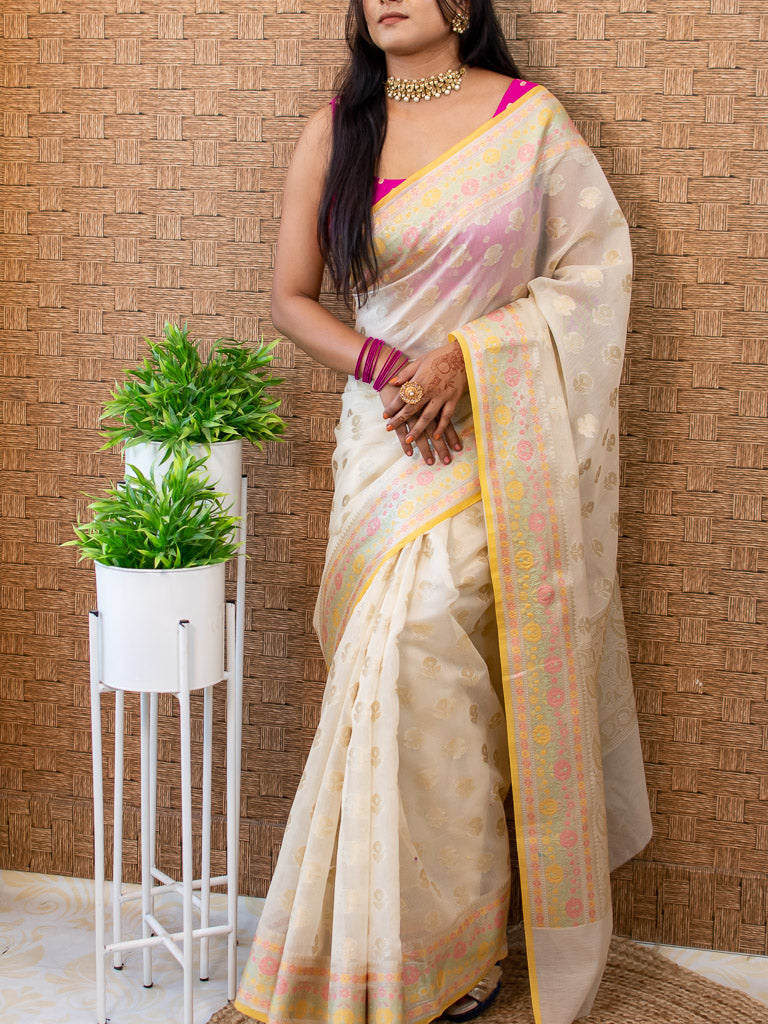 Banarasi Cotton Silk Resham & Zari Multi Coloured Weaving Saree-Off White