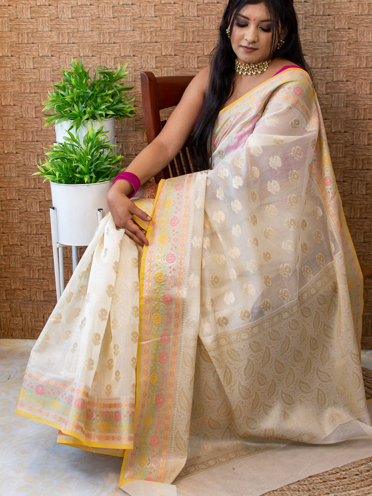 Banarasi Cotton Silk Resham & Zari Multi Coloured Weaving Saree-Off White