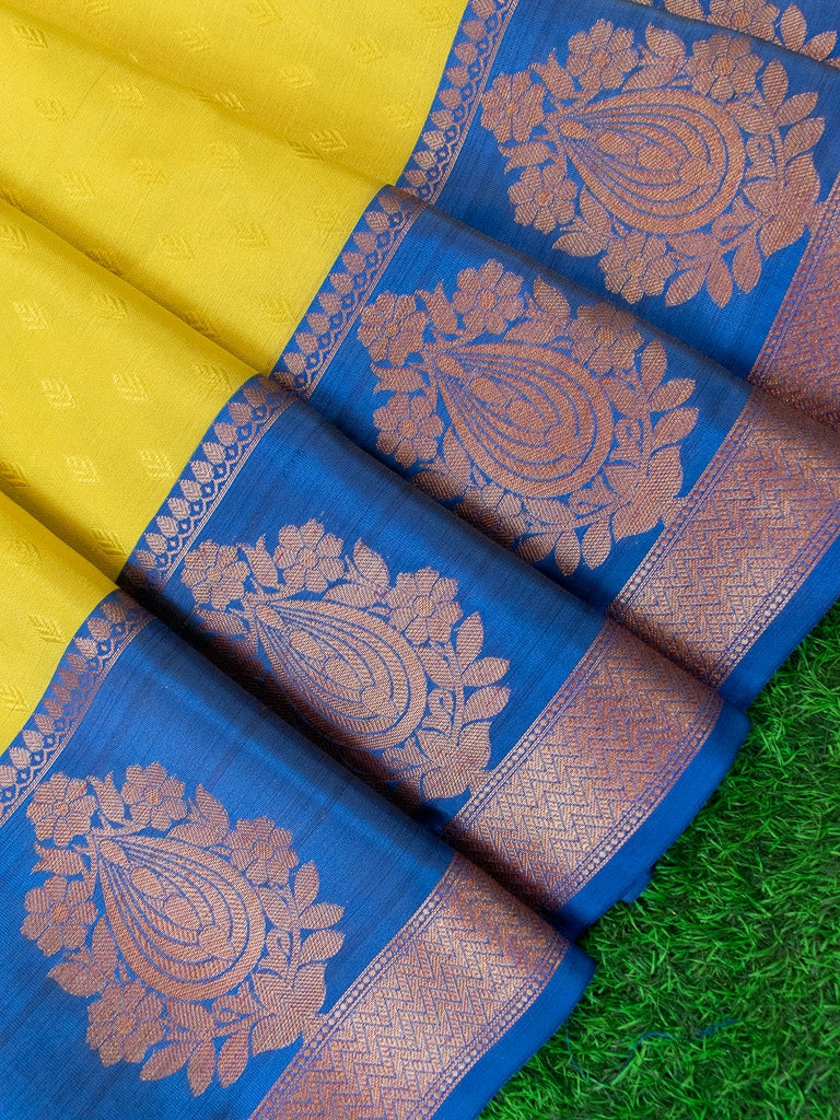 Banarasi Kora Muslin Saree With Tanchoi Weaving Contrast Floral Border-Yellow