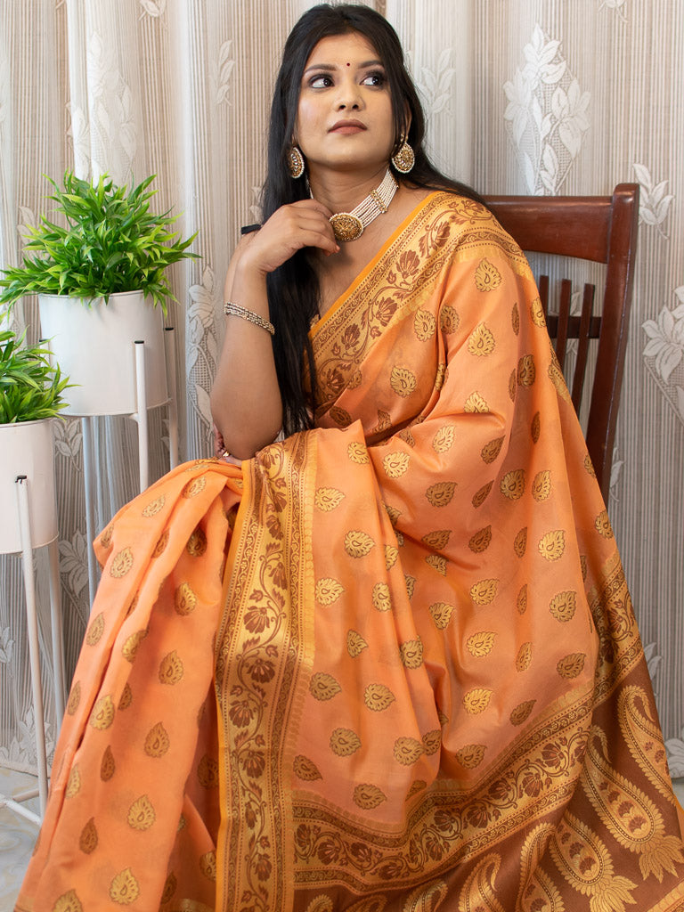 Banarasi Soft Cotton Saree Antique Resham Weaving-Orange