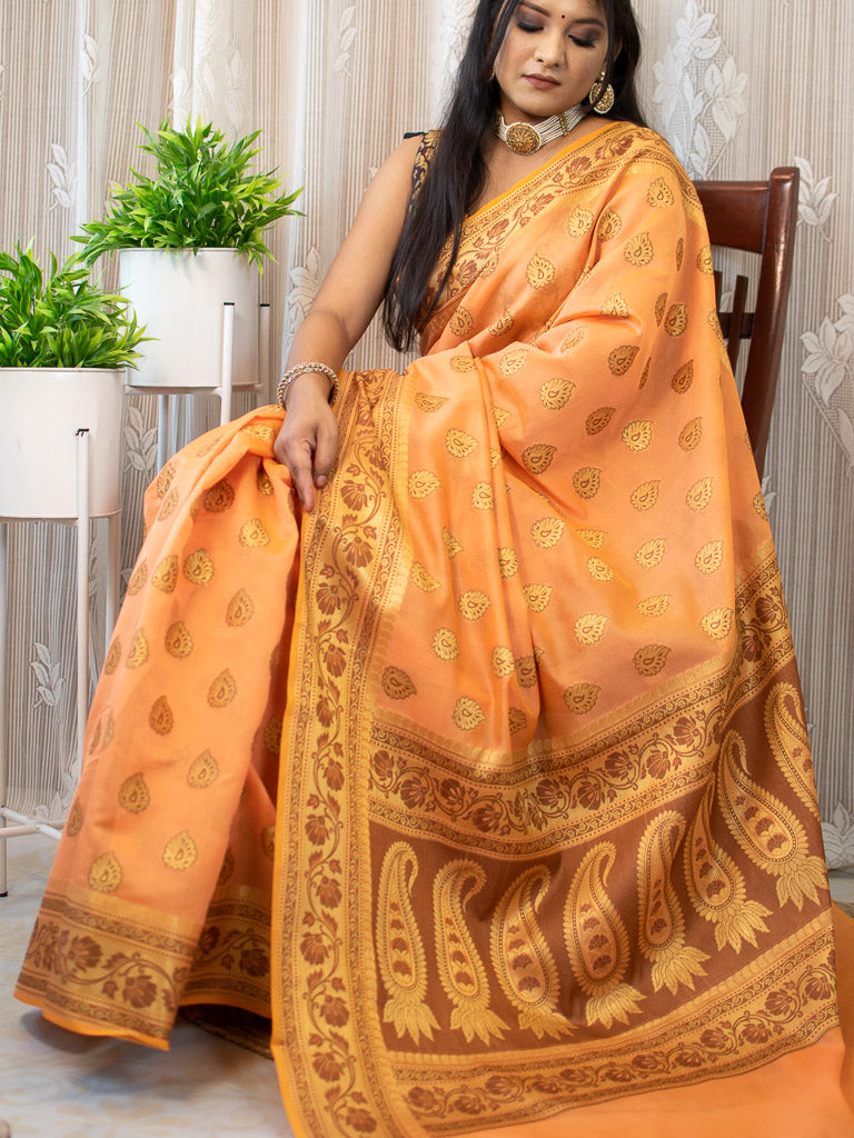 Banarasi Soft Cotton Saree Antique Resham Weaving-Orange