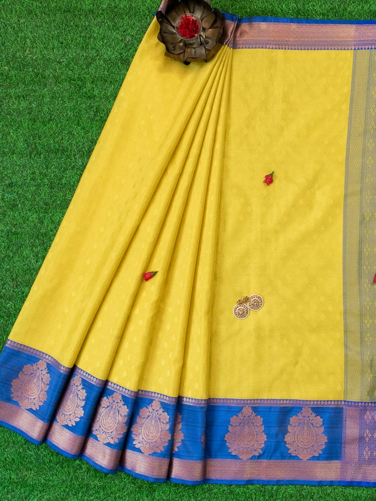 Banarasi Kora Muslin Saree With Tanchoi Weaving Contrast Floral Border-Yellow