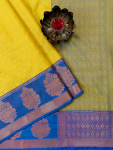 Banarasi Kora Muslin Saree With Tanchoi Weaving Contrast Floral Border-Yellow