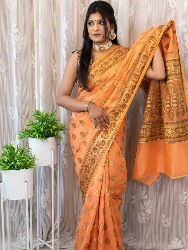 Banarasi Soft Cotton Saree Antique Resham Weaving-Orange